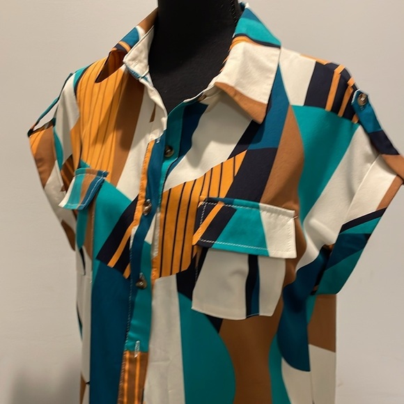 SHIEIN Shirt Dress Women Size M Button Front Multicolor Geo Print Short Sleeves - Picture 2 of 14